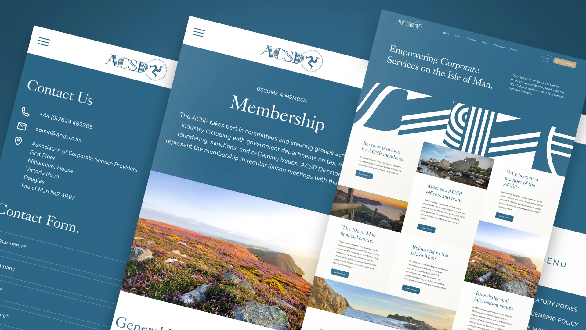 ACSP website designed and developed by DotPerformance, displayed across mobile and desktop screens showing the membership, contact and homepage sections